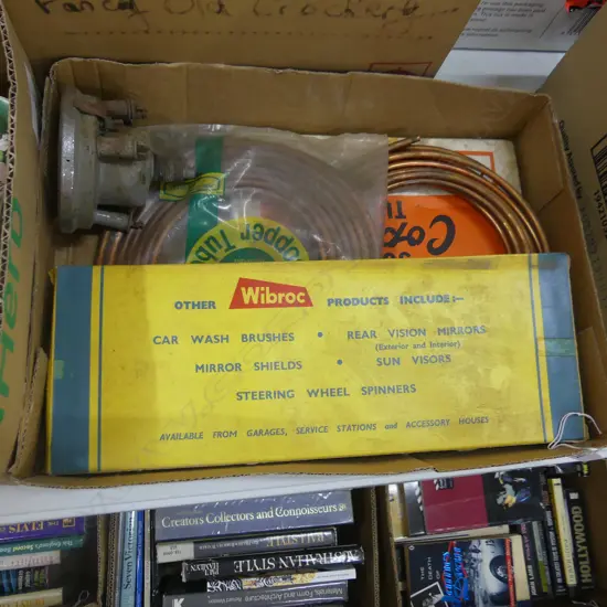 BOX LOT COPPER TUBE, VINTAGE SKODA SPEEDOMETER ETC