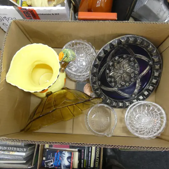 BOX ASST INCL. DEPRESSION GLASS, WADEHEATH PARROT HANDLE JUG, CRYSTAL ETC..