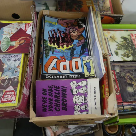 BOX ASST VINTAGE COMICS / BOOKS; ARCHIE, KING CLASSICS, PEANUTS, MAD, BOGOR, COMMANDO, ASTERIX ETC...