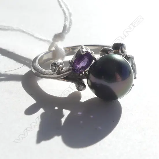 925 SILVER  BLACK PEARL AMETHYST / AQUA & DIAMOND RING