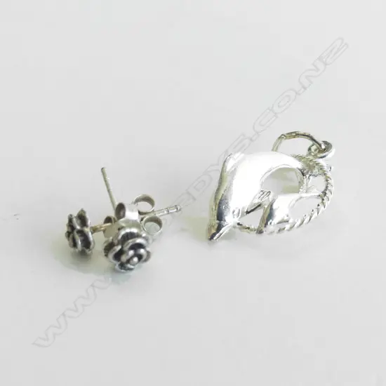 DOLPHIN CHARM AND ROSE STUD EARRINGS (STG) 2.9 grams