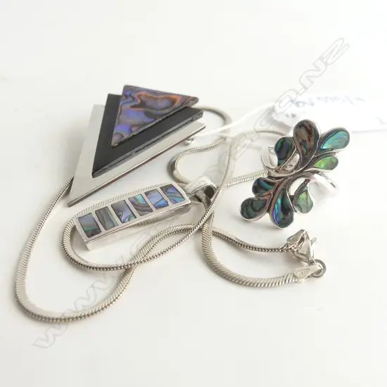 3 PCES STG & PAUA JEWELLERY; BROOCH (not marked), RING & PENDANT NECKLACE 24 GRAMS