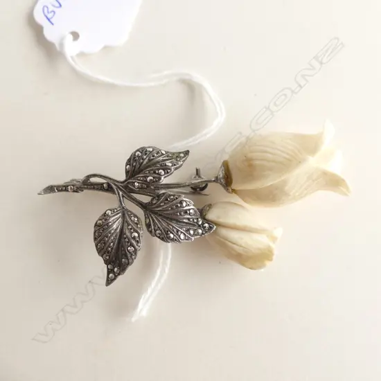 VINTAGE SILVER MARCASITE & CARVED IVORY ROSES BROOCH