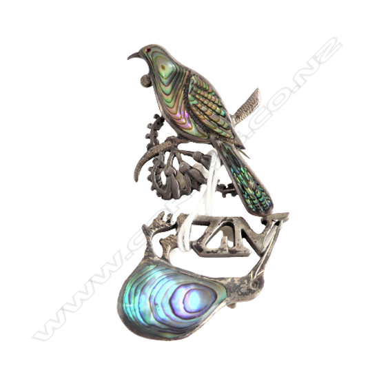 2 VINTAGE SILVER & PAUA BROOCHES TUI & KIWI