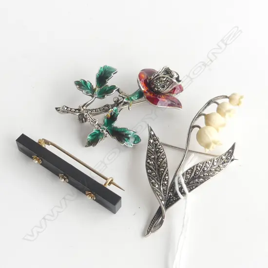 3 VINTAGE BROOCHES; ONYX & SEED PEARL BAR, ENAMELED ROSE, MARCASITE & IVORY FLOWER 