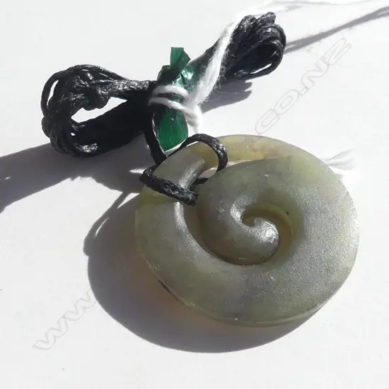 POUNAMU (GREENSTONE) SM KORU PENDANT (DIA 30MM)  ON BLACK WAXED ADJUSTABLE CORD