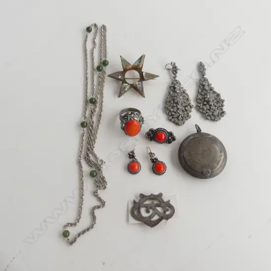 BAG OF SILVER & COSTUME JEWLERY  & SILVER SCHOOL BADGE