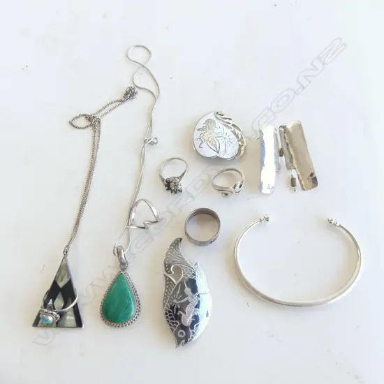 11 PCES ASST. STG JEWELLERY; 5 RINGS (2 AF), BANGLE, 2 THAI BROOCHES, PR EARRINGS, 2 NECKLACES 86 GRAMS