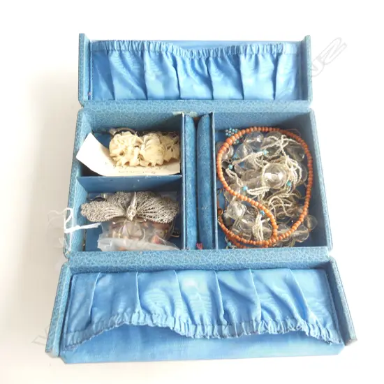 VINTAGE JEWLERY BOX SILVER CHARMS CORAL STRING  IVORY BROOCH ETC