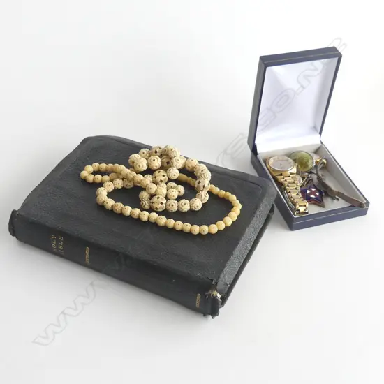 BOX BIBLE/BONE NECKLACE/2 LADIES WATCHES  BULOVER ETC/ S.S CUFFLINKS ETC