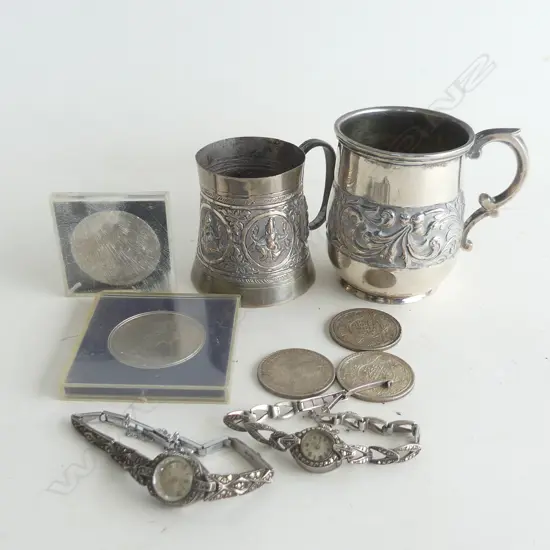 2 SILVER PLATE CUPS, 2 MARCASITE WATCHES, ASST. COINS (21003)