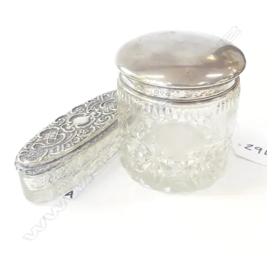 2 GLASS & STG SILVER DRESSING TABLE ITEMS; JAR (H80MM) & OVAL DISH (L110MM)