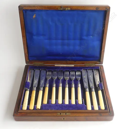 LATE VICT. CASED FISH SERVICE 11 PLACE (1 FORK MISSING) QUALITY WALNUT CASE