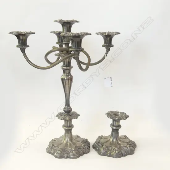 HEAVY SILVER PLATE 5 ARM CANDELABRA (H 390MM) + 1 CANDLE HOLDER  (H120MM)