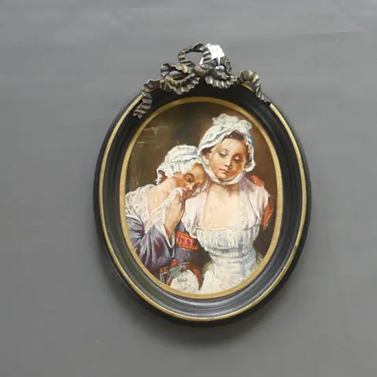 OVAL FRAMED OIL ON BOARD PORTRAIT OF 2 LADIES WITH BONNETS  230 X 185MM