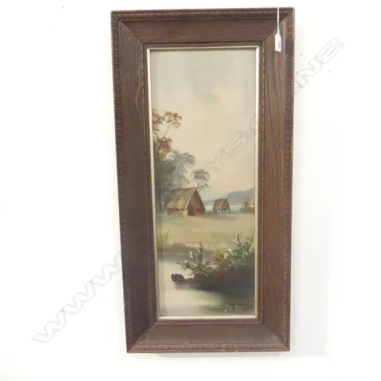 DE RITZ '  MAORI WHARE  & FOOD HOUSE, OIL ON BOARD, SIGNED 600 X 220MM