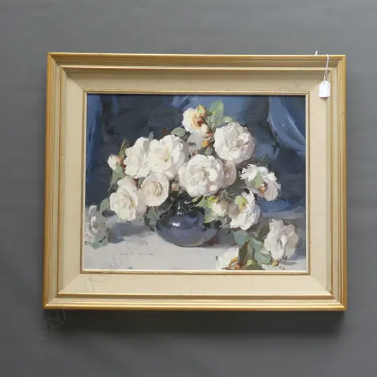 ALAN DOUGLAS BAKER (AUST 1914-1987) 'STILL LIFE WITH ROSES' OIL ON BOARD, SIGNED. 395 X 495MM
