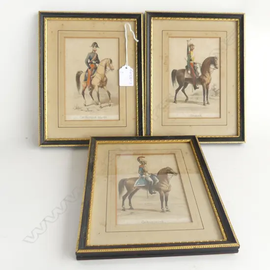 SET 3 ANTIQUE H/COLOURED MILITARY ENGRAVINGS on horse back. Framed 