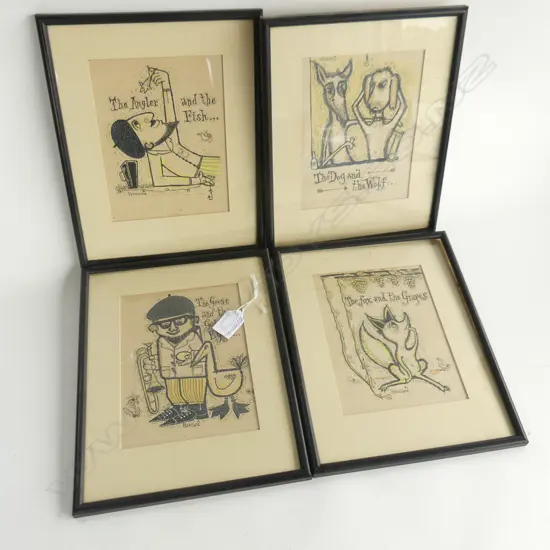 SET 4 HANSARD INK CHARACTURES 'THE ANGLER..' + 'THE DOG & THE WOLF' + 'THE GOOSE...