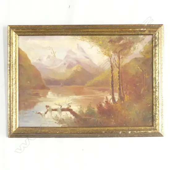 UNKNOWN, Mountains with River and Trees, Oil on board, 310mm x 450mm