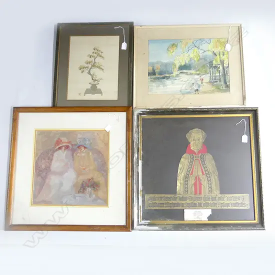 4 FRAMED ART WORKS: SILK EMBROIDARY + RIVER W/C ETC