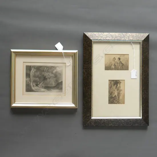 2 VINTAGE FRAMED PRINTS 'THE YOUNG LOVERS' C1890, ARTIST UNKNOWN 100 X 65MM + 'THE SHADY SIDES'  150 X 110MM