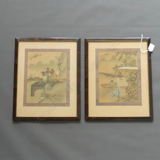 2 JAPANESE FINE W/C's on silk figures in landscapes 230 X 190mm framed