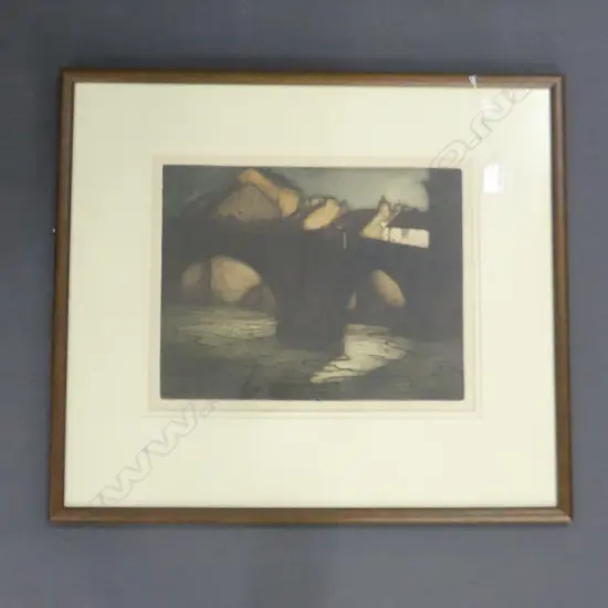 FRANK BRANGWYN,'THE BRIDGE BARNARD CASTLE'  AQUATINT ON ZINC, SIGNED 350 X 270MM