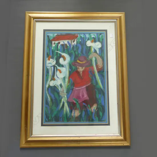 LGE COLOURFUL ACRYLIC PAINTING WOMAN IN FIELD OF LILLIES