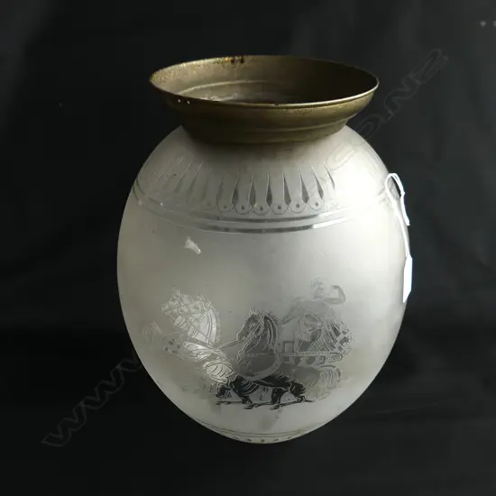 LGE FROSTED GLASS VINTAGE LIGHT FITTING etched w gladiator on chariot w gallery