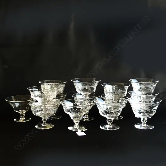 14 ETCHED CRYSTAL STEMMED DESSERT BOWLS - ASST DESIGNS