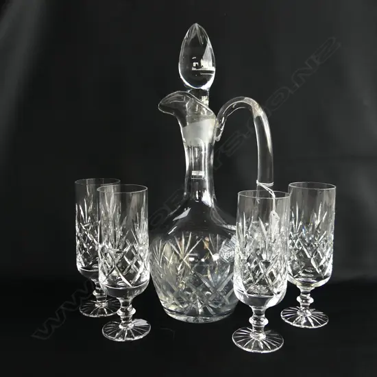 CRYSTAL CLARET DECANTER H.330mm + 4 FLUTES H.155mm 