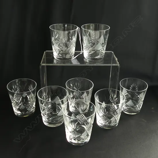 8 VINTAGE CRYSTAL CUT WHISKY TUMBLERS, H. 90MM