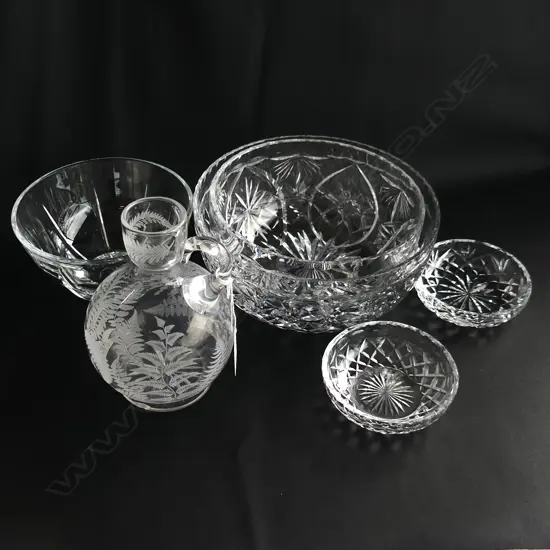 5 CRYSTAL BOWLS + FERN ETCHED BOTTLE