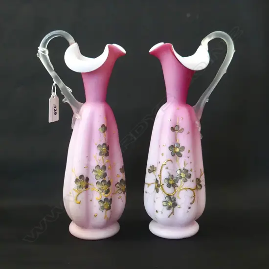 PR PINK FROSTED & MILK GLASS EWER VASES WITH APPLIED HANDLES H. 255MM