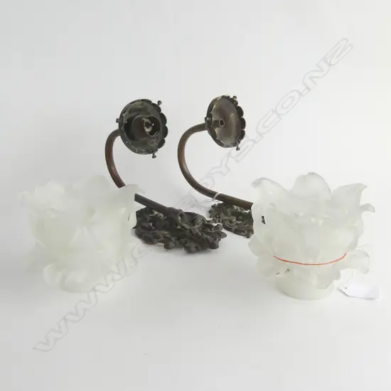 PR ORNATE BRASS SCONCES / WALL LIGHTS w. FROSTED GLASS SHADES H.200mm