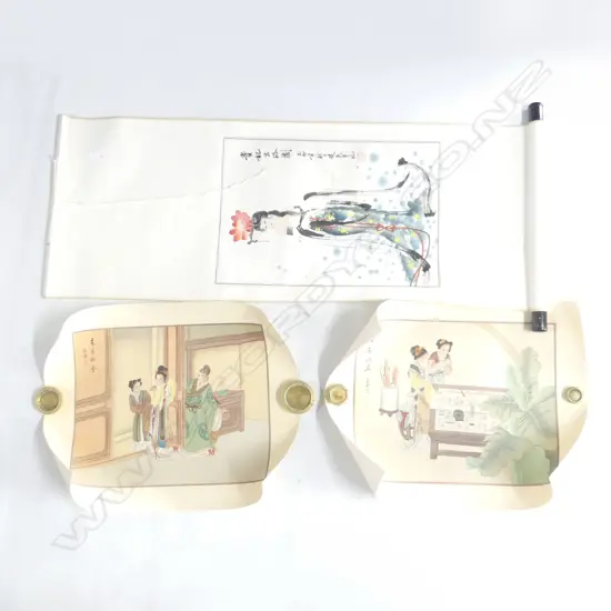 3 ORIENTAL ARTWORKS; 2 INTERIOR SCENES + PARTLY NUDE WOMAN SCROLL 440x300mm