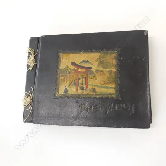 VINTAGE  PHOTO ALBUM, LEATHER BOUND, ORIENTAL SCENE COVER WITH B&W PHOTOS & POSTCARDS (21157)