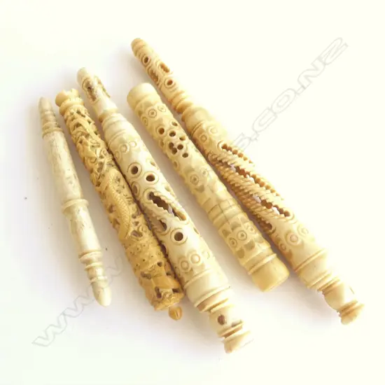 5 CARVED & PIERCED BONE ANTIQUE NEEDLE CASES