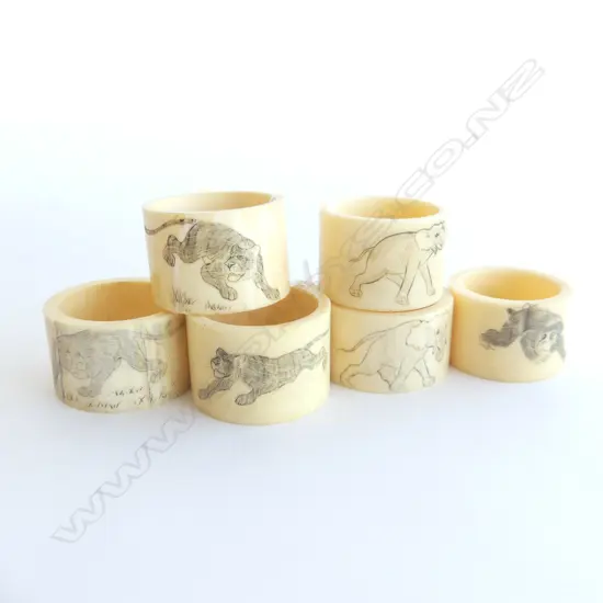 SET 0F 6 OLD SCRIMSHAW CARVED IVORY NAPKIN RINGS. TIGERS ELEPHANTS MONKEY