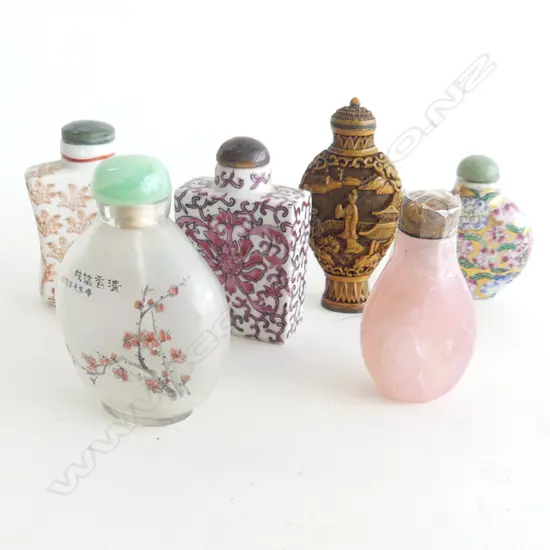 6 ASST. ORIENTAL SNUFF BOTTLES; CERAMIC, GLASS, RESIN, ROSE QUARTZ H.75mm