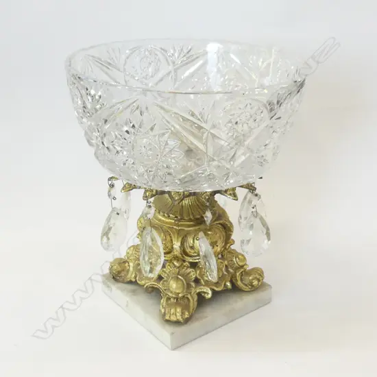 ELABORATE BOHEMIAN GLASS BOWL, BASE OF GOLD GILDING & MARBLE WITH CHANDELIER DROPS (DIA 220MM)