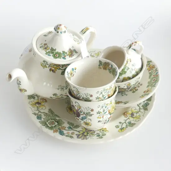 8 PCE GREEN MASONS STRATHMORE TEA FOR 2; TEAPOT, CAKE PLATE 265mm dia, 2 C/S, MILK & SUGAR