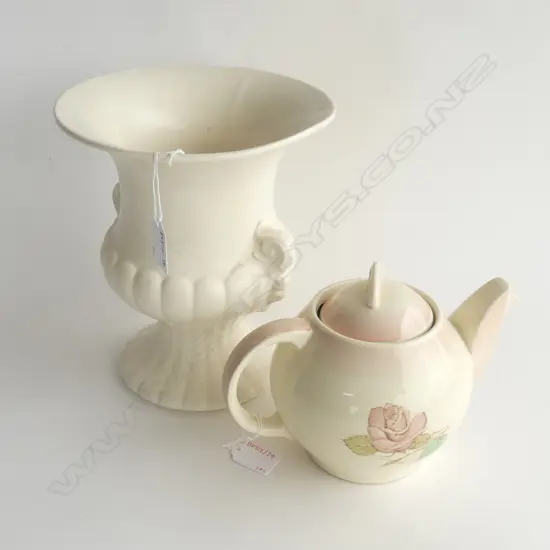 CROWN LYNN WHITE URN #593. fault to rim H.225mm & SUZIE COOPER TEAPOT CHIPS TO INSIDE LIP H160MM