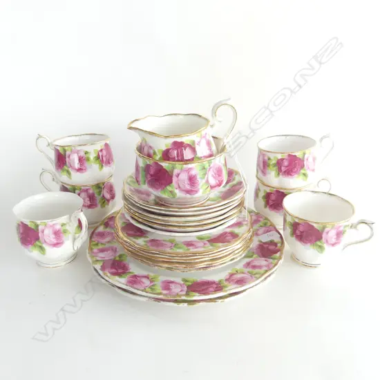 22 PCE ROYAL ALBERT OLD ENGLISH ROSE TEA SET; 6 TRIOS, MILK, SUGAR, 2 CAKE PLATES