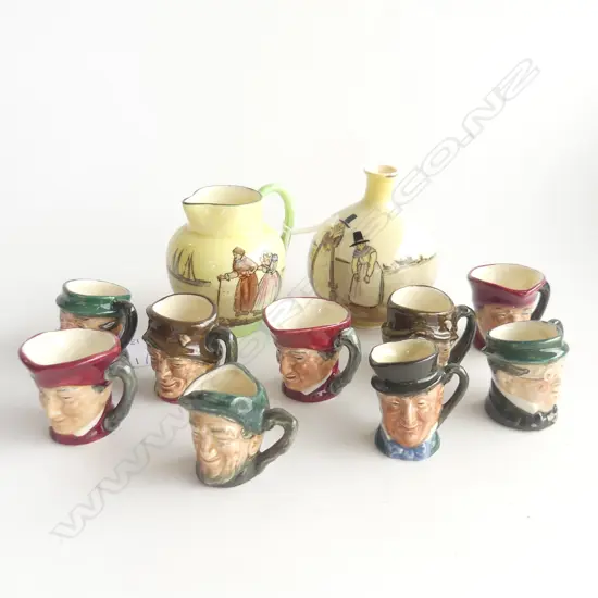 11 PCES ROYAL DOULTON; 9 MINI TOBY JUGS + MINI JUG & VASE H.70mm
