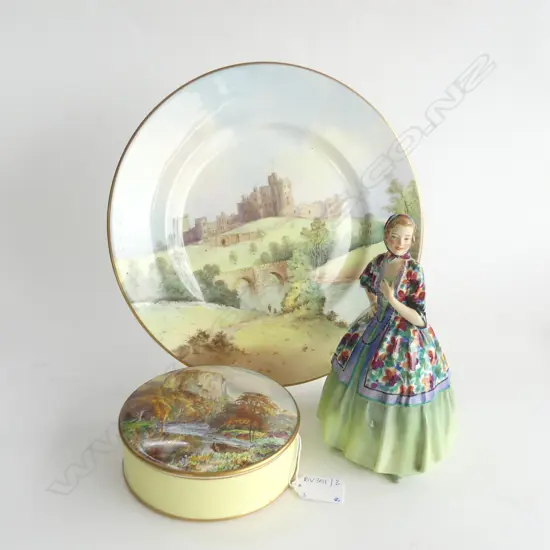 MINTON ALNWICK CSTLE PLATE G.PEAKE, R. CRWN DRBY W. J. DEAN H/PAINTED BOX 130mm dia + R. DLTN JASMINE H.190mm hairlines