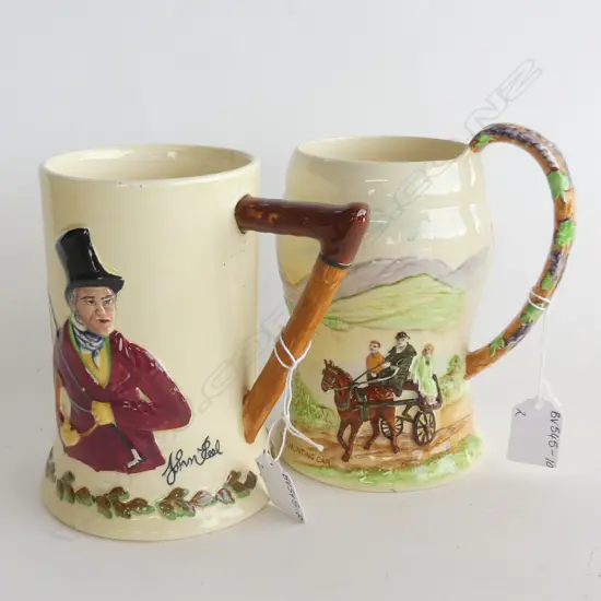 PR CROWN DEVON MUSICAL TANKARDS; 'THE IRISH JAUNTING CAR' & JOHN PEEL, H. 170 & 155MM BOTH WORKING