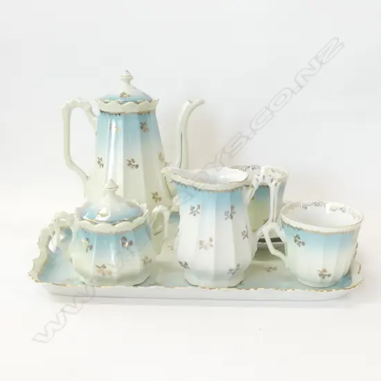 PORCELAIN COFFEE FOR 2, TRAY, 2 C&S, COFFEE POT, JUG & BOWL; POSSIBLY GERMAN