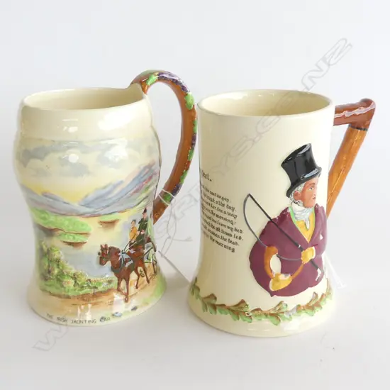 PR CROWN DEVON MUSICAL TANKARDS; 'THE IRISH JAUNTING CAR' & JOHN PEEL, H. 175 & 155MM BOTH WORKING